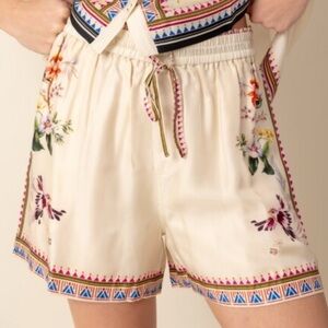 Johnny Was Floral Silk Shorts with Geometric Trim
